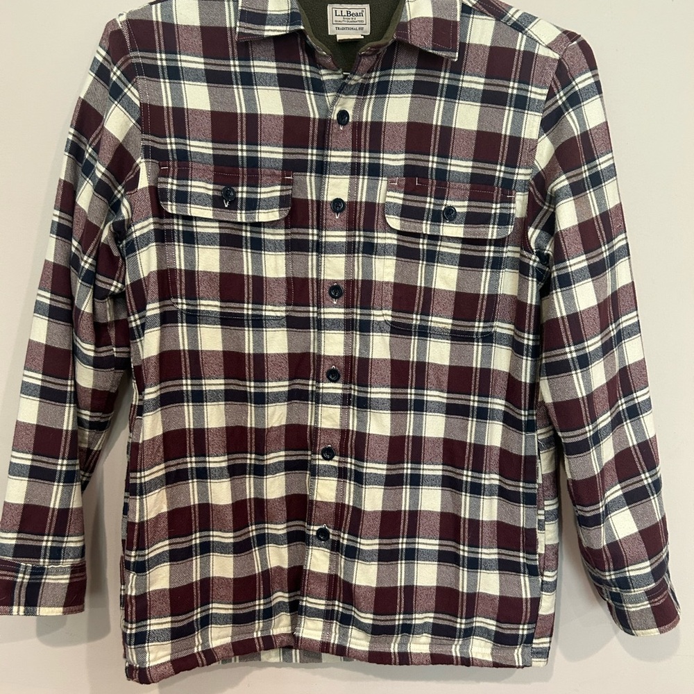 L.L. Bean Plaid Jacket - Burgundy and White flannel with pockets
